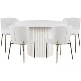 Auden 5 Piece Dining Set in White Wood, Gray Fabric & Brass